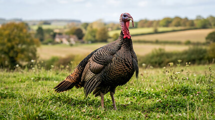 Fototapeta premium Large brown domestic turkey standing on green grassy field in countryside landscape transparent background