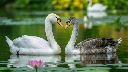 Fototapeta premium Two majestic swans swimming on a calm pond forming a heart shape with their necks representing eternal love romance and peace in a beautiful natural landscape setting