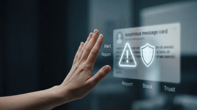 Trust & Social Cohesion - A hand pauses near a floating warning UI displaying an alert triangle and shield over a blurred suspicious message card.