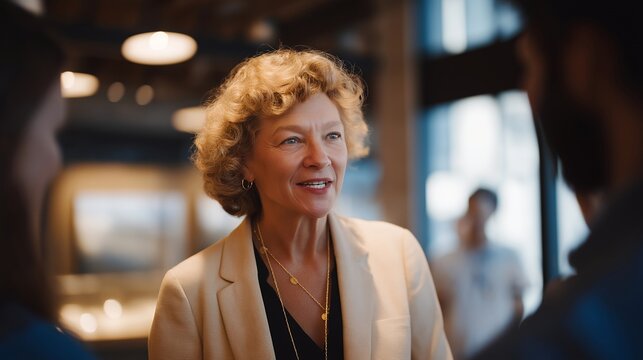 Senior woman volunteering as museum docent, leading diverse tour group through gallery explaining artwork with passion and knowledge, perfect for cultural education senior giving community