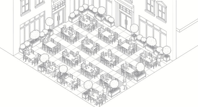 Detailed isometric line drawing of an outdoor restaurant patio with tables and chairs.