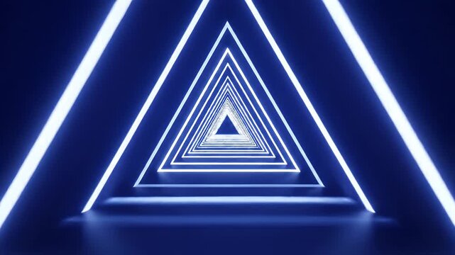 Abstract blue neon glowing triangular tunnel background