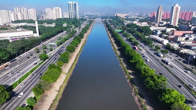 Marginal Tiete Road In Sao Paulo  Brazil. Highrise Buildings. Downtown District. Freeway Road. Marginal Tiete Road In Sao Paulo Brazil. Beautiful Cityscape. Sao Paulo Brazil.