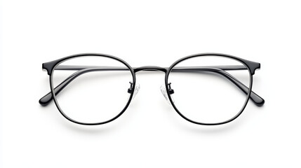 Slim frame reading glasses, round lens, black metal, minimalist style, isolated on white