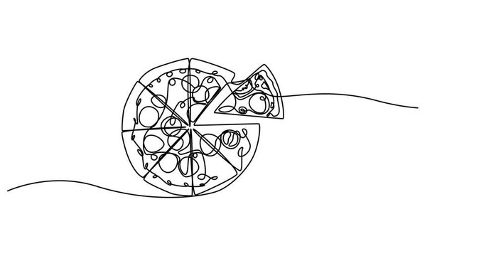 Continuous one line self drawing of sliced pizza in cardboard delivery box single line animated illustration, 4k animation video,
