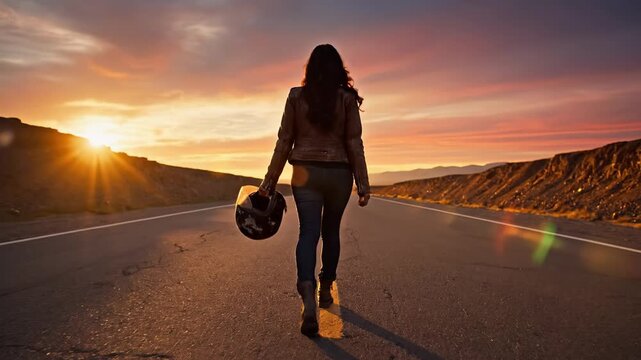 A woman in a leather jacket walks down an empty road at sunset holding a motorcycle helmet. This scene evokes freedom and adventure. Perfect for travel or lifestyle themes.