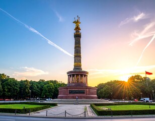 Obraz premium A towering bronze monument with a gold-plated statue atop, bathed in the warmth of a setting sun. The city skyline is visible