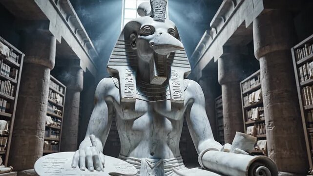 Majestic white marble statue of the ancient Egyptian god Thoth sitting in a library filled with papyrus scrolls. Mysterious temple interior with light beams. Historical mythology concept 