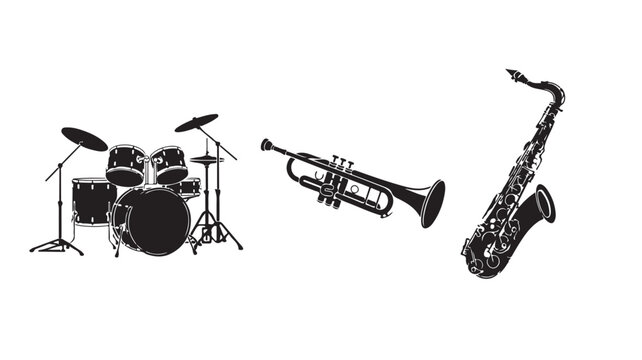 Black and white musical instruments including a drum set, trumpet, and saxophone on white background for music concepts