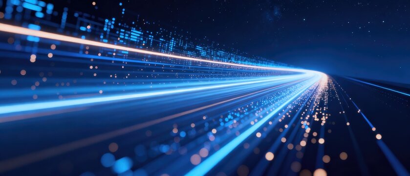 Futuristic glowing data highway with light trails representing high speed digital network communication and AI technology infrastructure concept for cloud computing and big data