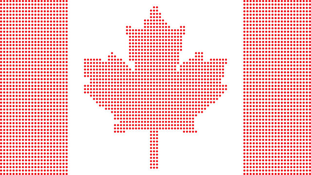 A stylized Canadian flag made up of small red dots on a white background