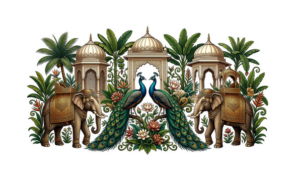 An elaborate illustration featuring ornate indian architecture majestic elephants and vibrant peacocks all on transparent background high-quality