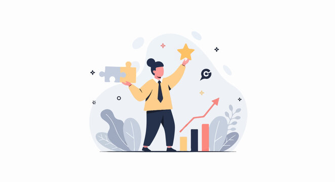 A person holding a puzzle piece and a star, with a rising graph