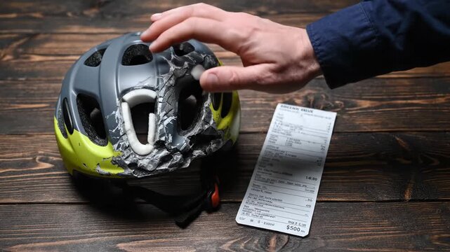 Damaged bicycle helmet on a wooden table next to a medical receipt. A hand touches the cracks. Illustrates the importance of safety and the cost of accidents. For insurance or healthcare use.