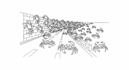 Obraz premium A surreal swarm of crabs invades a winding road and brick wall