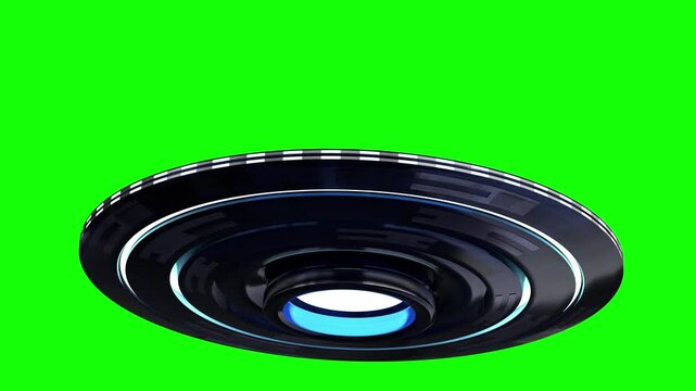 Flying Saucer Moving in Zigzag Pattern Isolated on Green Background - 3d 4k animation (3840 x 2160px)