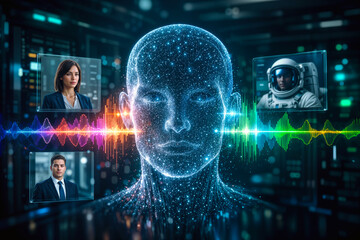 Obraz premium Futuristic full-duplex AI voice model with translucent neural wireframe head, bi-directional audio waveforms, holographic virtual personas teacher executive astronaut server room