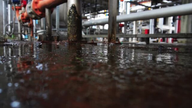 Wet, reflective floor beneath industrial pipes and machinery. Pipes show rust and wear, indicating heavy use. Water pools gleam under artificial light, catching shadows. No people visible in shot