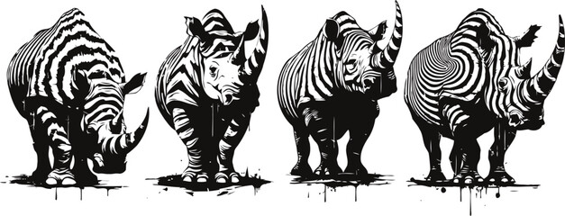 Fototapeta premium Zebra pattern rhinoceros silhouettes in a row with striped animal camouflage design