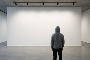 Obraz premium Hooded Figure Stands Contemplating a Vast Blank White Wall in a Modern Art Gallery Space, Lit by Sleek Overhead Track Lighting on a Concrete Ceiling, Creating an Atmosphere of Anticipation