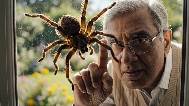 Curious senior man touching a large tarantula on the window glass