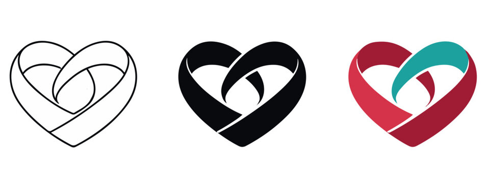 Silhouette abstract heart icon designs showing interwoven ribbon patterns