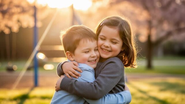 Boy and girl running to hug in a park. Childhood friendship concept with happy children embracing at sunset, playing outside.