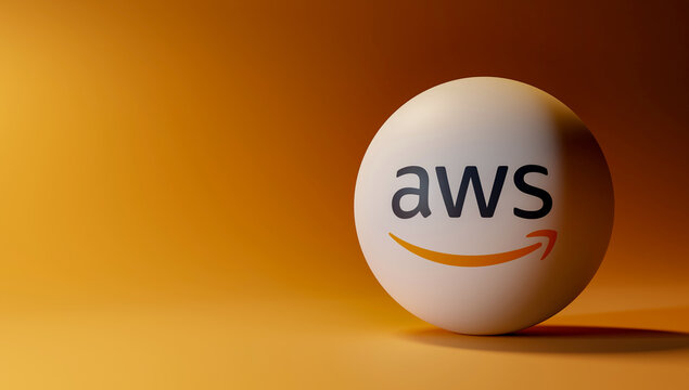 AWS Logo on Glowing Sphere, Amazon Web Services Brand Closeup, Orange Gradient Orb Display, Cloud Computing Giant