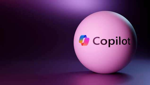Microsoft Copilot Logo on Glowing Pink Sphere, AI Assistant Brand Closeup, Purple Gradient Orb Display