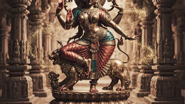 Hindu goddess durga riding lion statue