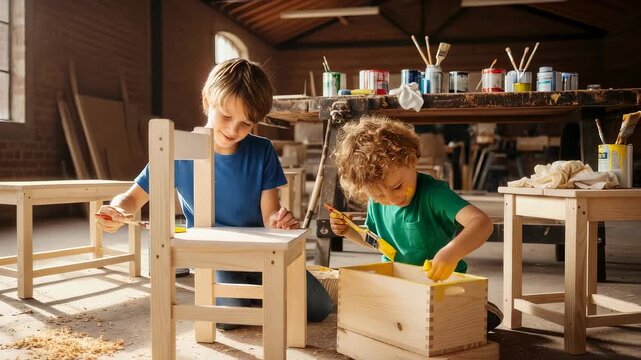 Two boys painting wooden furniture in a workshop, focusing on creativity and skill development for childhood activity