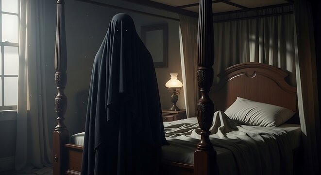 Eerie supernatural apparition draped in black fabric stands beside a darkened four-poster bed.