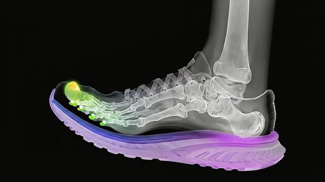 X-ray of Foot in Running Shoe Showing Bone Structure and Cushioning Technology.