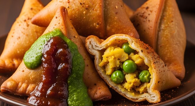 A plate of samosas with green peas and sauces