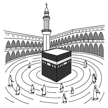 A black and white drawing of people walking around a cube shaped building