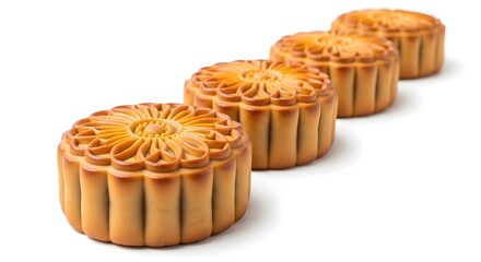 A row of traditional chinese mooncakes on a white background