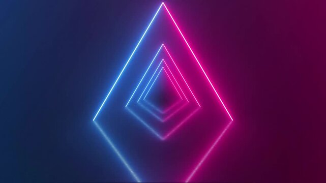 Abstract geometric background with glowing neon triangles intersecting in a futuristic digital light show, vibrant pink and blue lines on a dark canvas
