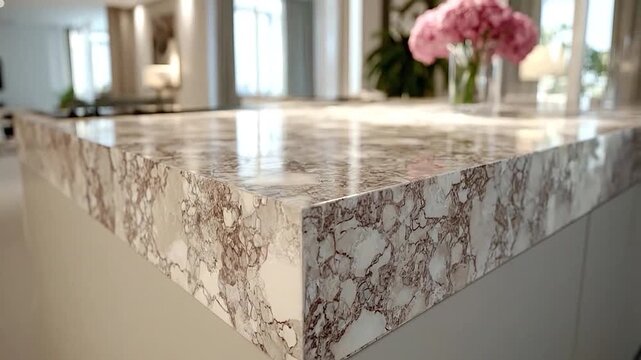 Close-up of a modern kitchen island countertop with a beautiful marble pattern