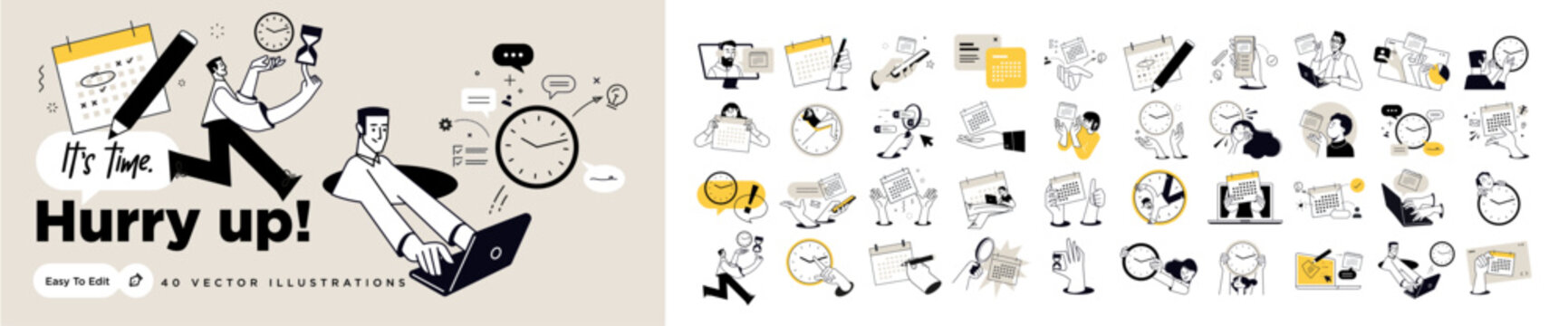 Business vector illustrations of time management, business planning, time and events, schedule and deadline, calendar. Concepts for graphic and web design, social media and marketing.