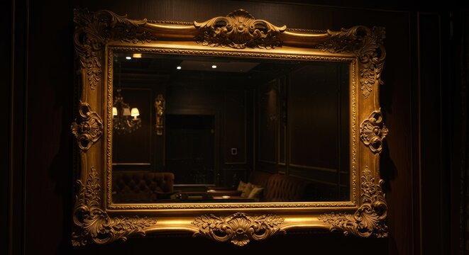 Ornate golden framed mirror reflecting a dimly lit interior space