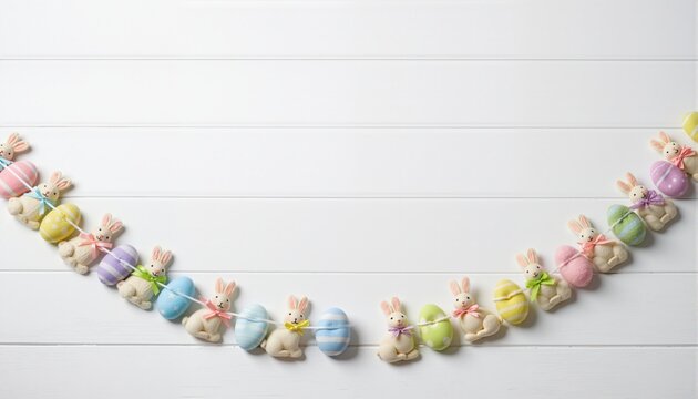 Garland with easter bunnies on white wood background, copy space
