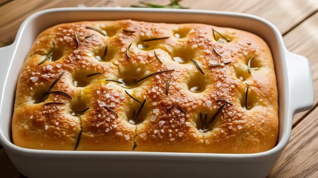 A golden-brown, dimpled flatbread with olive oil, herbs, and coarse salt in a white baking dish on a wooden surface