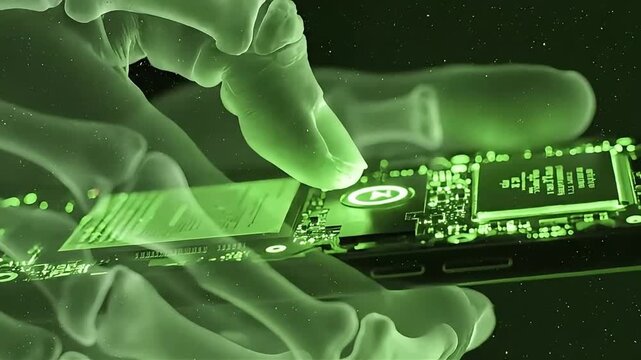 X-ray Vision of a Hand Holding a USB Drive with Glowing Circuitry.