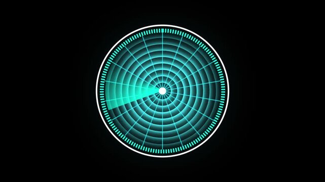 Futuristic blue radar screen displaying scanning sweep animation. Futuristic blue radar screen technology concept. Futuristic blue radar screen interface visual.