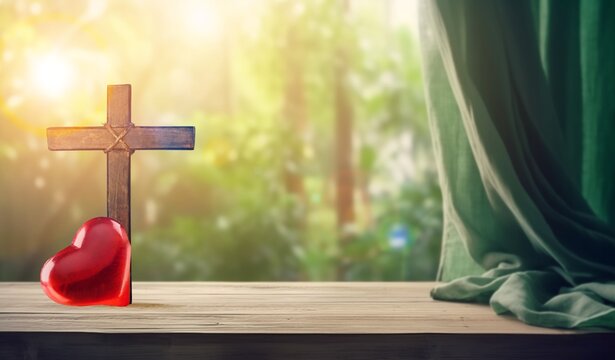 Red heart and Christian wooden cross