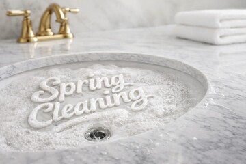 Spring cleaning text in soapy sink with towels and faucet, background © dvoevnore