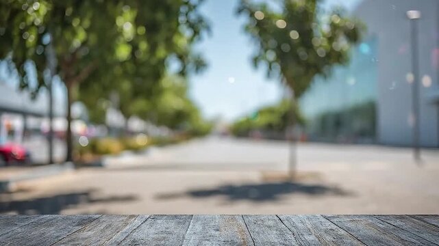 Empty wooden table surface with a blurred outdoor urban background scene