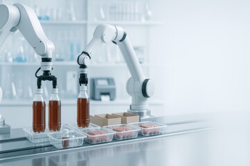 Robotic arms handling food packaging on conveyor in industrial setting © dvoevnore