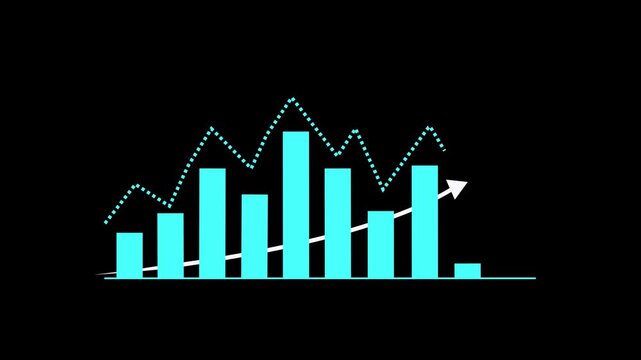 Cyan bar chart with dotted line graph and arrow on dark animated background. Cyan bar chart financial growth analytics concept. Cyan bar chart business data visualization.