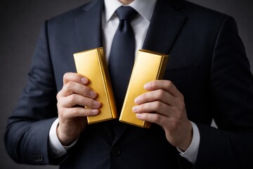 Businessman holding gold bars, concept of investing and wealth, dark background © dvoevnore
